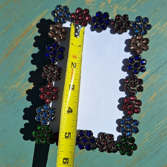 Jeweled Picture Frame Metal and Gemstone Flowers Multi Colored Jewel Tones - Picture 15 of 16